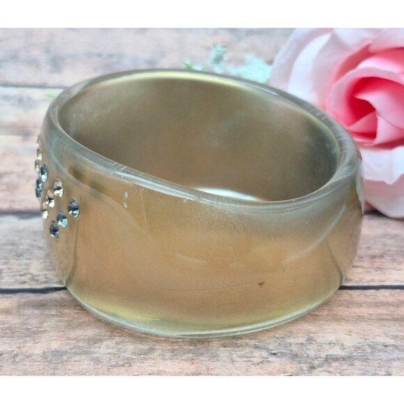 Vintage Asymmetrical Gold Brown Chunky Wide Lucite Bangle Bracelet Rhinestones - Picture 5 of 8